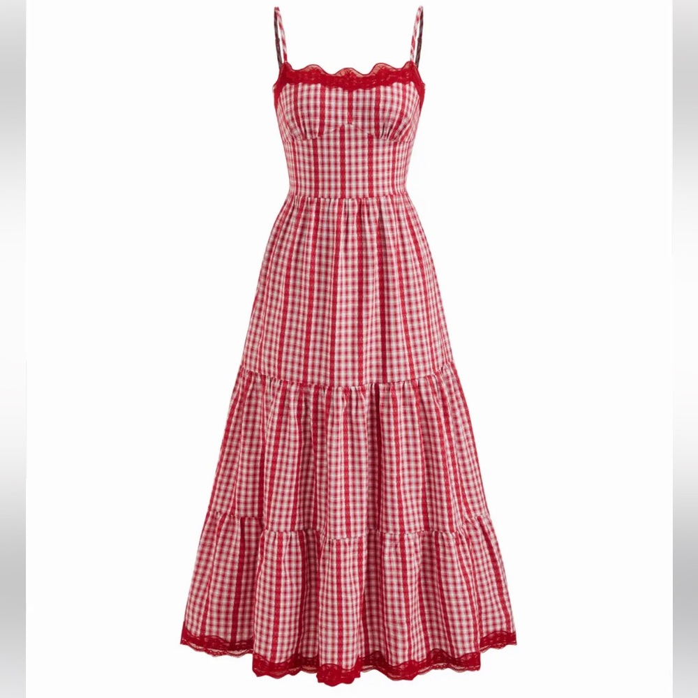 Cider Red COTTON-BLEND GINGHAM LACE TRIM TIERED SHIRRED MAXI DRESS NWT